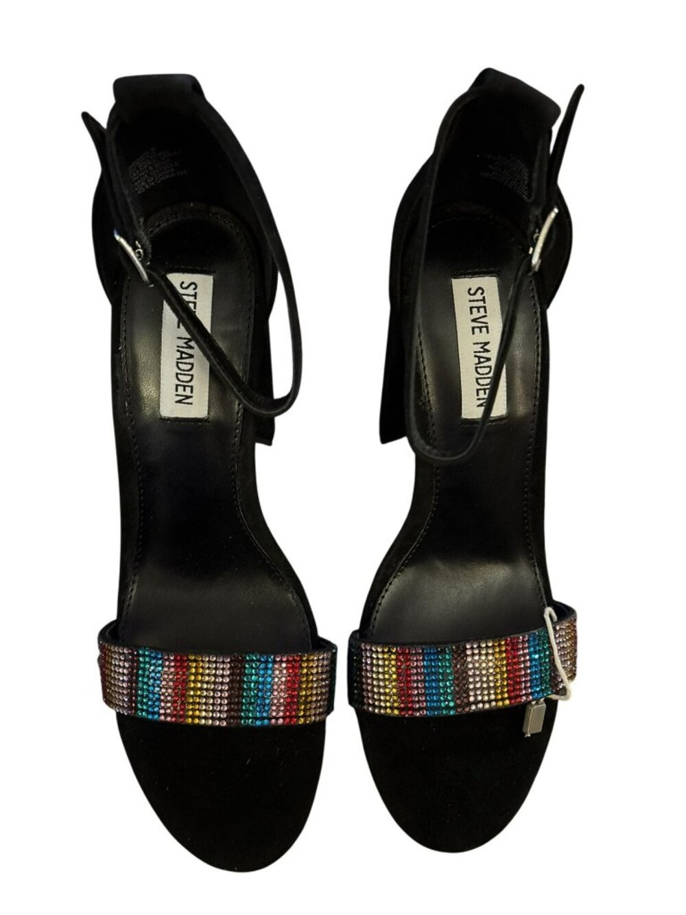 Steve Madden Carrson-R Bright Multi Rhinestone Black Leather & Fabric Heels 7.5